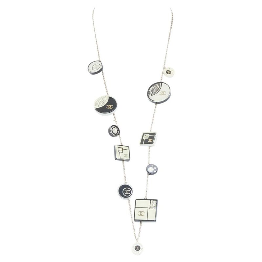 CHANEL 2008 08C black white geometric record resin charm station long necklace